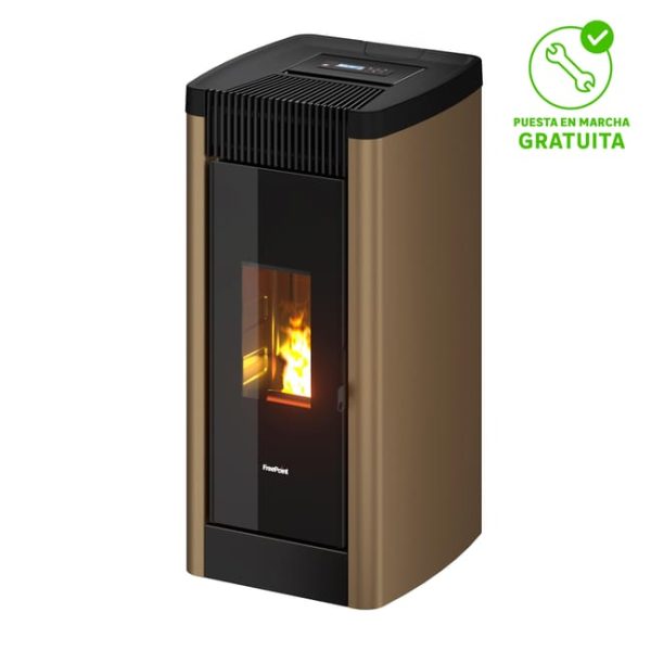 Estufa de pellet canalizable compacta y potente de 8.5 kw color dorada con WiFi